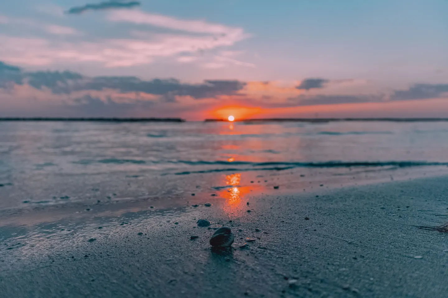 The sun low over a beach